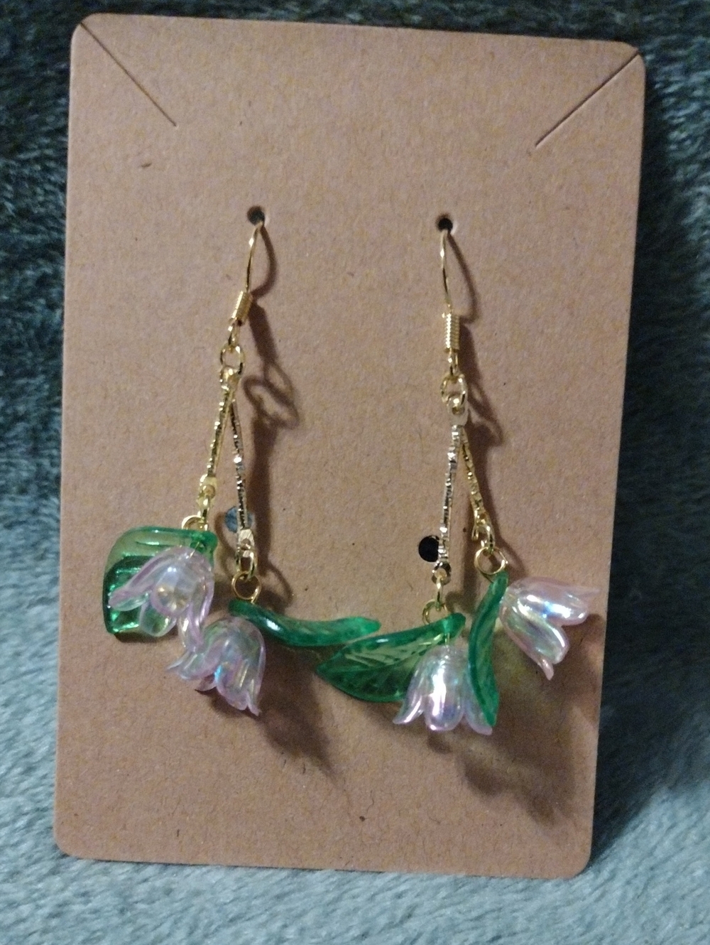 Green and Pink Floral Drop Earrings with Gold-Tone Accents